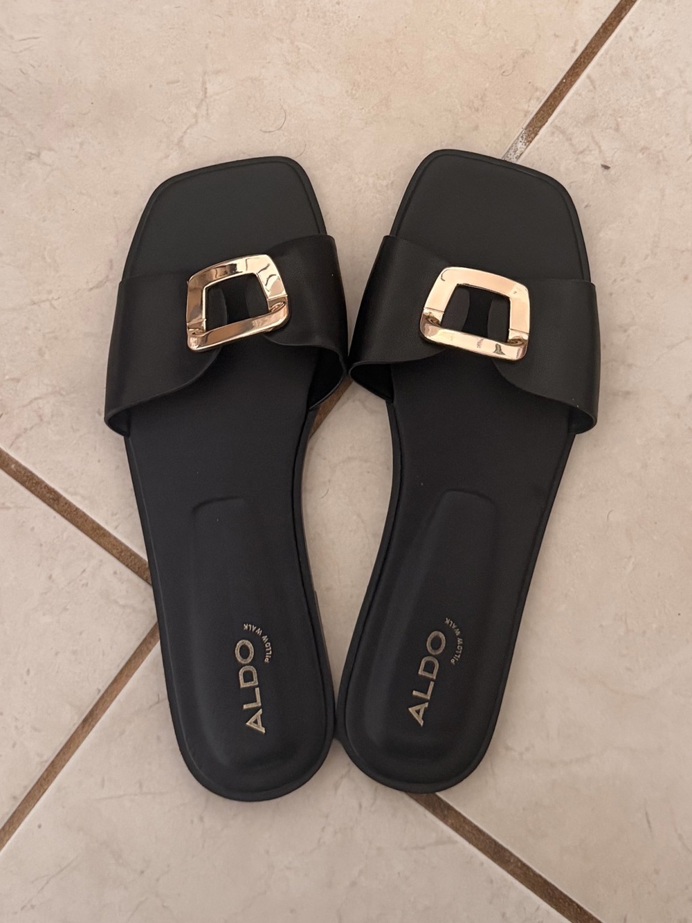 ALDO Black Slide Mules with Gold Buckle Accent